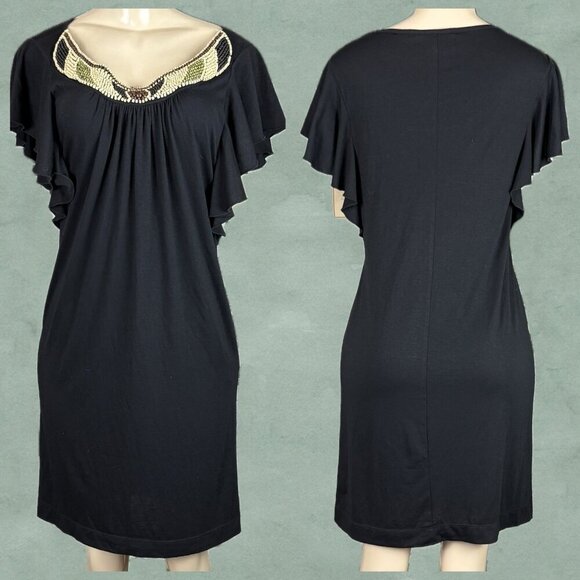 Jonathan Martin 8 Black Scoop Beaded Neck Short Flutter Sleeve Above Knee Dress - Picture 1 of 6